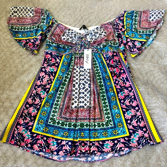 Sky Boho Top On/Off Shoulder Size L free shipping - Picture 3 of 5